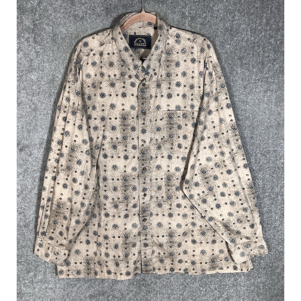 Vintage BD Baggies Button Down Shirt Mens Sz XXL Beige Geometric Cotton Pocket